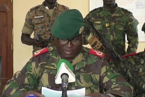 Dinis N’Tchama, military spokesperson, speaks on Wednesday, Nov. 26, 2025 in Bissau, Guinea-Bissau.