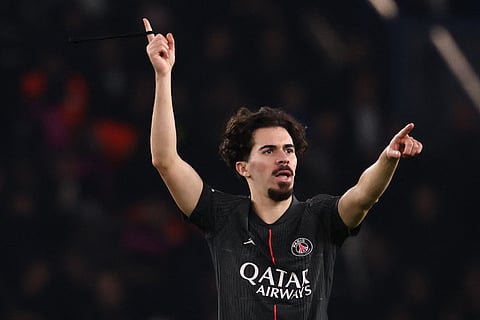 PSG's Vitinha celebrates after scoring Paris Saint-Germain's second goal during the UEFA Champions League, league phase - matchday 5, football match between PSG and Tottenham Hotspur FC on November 26, 2025.