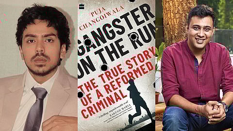(from left) Adarsh Gourav, cover of book Gangster on the Run and Prosit Roy