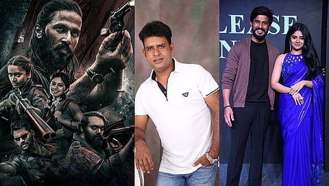 From L to R: A poster for the film, Sadagara Raghavendra, and Kaveesh Shetty and Megha Shetty