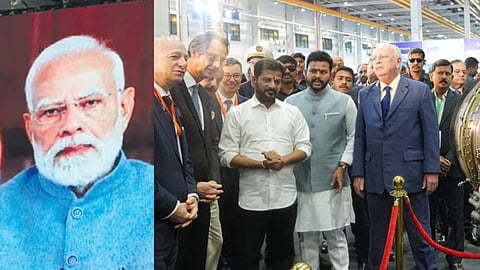 (L) Prime Minister Narendra Modi speaks after virtually inaugurating Safran’s MRO facility in Hyderabad on Wednesday. (R) Chief Minister Revanth Reddy and Union Minister Ram Mohan Naidu at the Rafale engine MRO unit