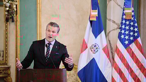 U.S. Secretary of Defense Pete Hegseth speaks during a press conference after a meeting with Dominican Republic President Luis Abinader at the National Palace in Santo Domingo, Dominican Republic, Wednesday, Nov. 26, 2025