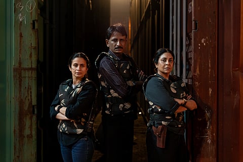 Rajesh Tailang with co-stars Shefali Shah and Rasika Dugal in Delhi Crime S 3