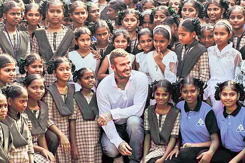 UNICEF Goodwill Ambassador David Beckham visits the MJPAPBCW Residential School for Girls at Kothavalasa in Vizianagaram district.