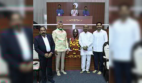 CM Nara Chandrababu Naidu Speaker Chintakayala Ayyanapatrudu during the mock assembly at the assembly premises on Wednesday.