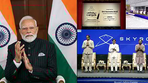 In this image received on Nov. 27, 2025, Prime Minister Narendra Modi during the virtual inauguration of Indian space startup Skyroot's Infinity Campus and unveiling of the company's first orbital rocket, Vikram-I.