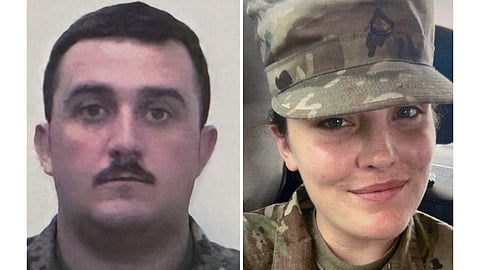 This combo from photos provided by the U.S. Attorney's Office on Thursday, Nov. 27, 2025, show National Guard members, from left, Staff Sgt. Andrew Wolfe and Specialist Sarah Beckstrom.