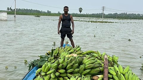 A farmer on a boat carrying his harvested produce amid the flooding.