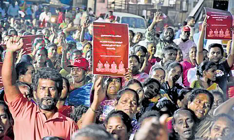 Various political parties conducted a rally along with the sanitary workers of Royapuram and Thiru-Vi-Ka nagar zones, demanding reinstatement of their jobs directly under the GCC at the Rajarathinam Stadium on Friday
