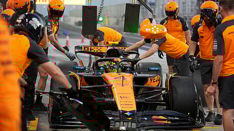 McLaren driver Lando Norris of Britain gets a pit stop during the first qualifying session at the Lusail International Circuit ahead of the Qatar Formula One Grand Prix in Lusail, Qatar, Friday, Nov. 28, 2025.