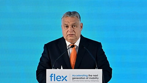 Hungarian Prime Minister Viktor Orban speaks during the inauguration of the new production plant of Flex, the Flex Zala Automotive Next Gen Mobility plant in Zalaegerszeg, southwestern Hungary, Nov. 25, 2025.