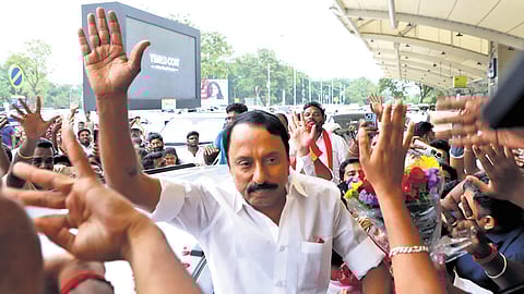 KA Sengottaiyan, chief coordinator and west zone organising secretary of TVK, arrives at Coimbatore Airport on Friday