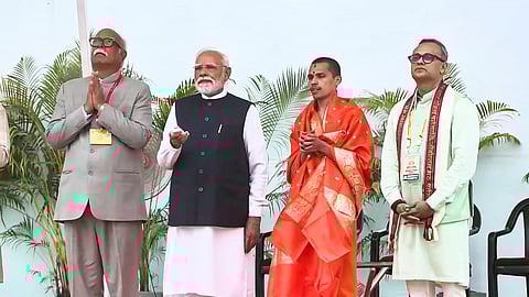 Prime Minister Narendra Modi unveils a 77-foot-tall bronze statue of Lord Ram as part of Shree Samsthan Gokarn Jeevottam Mutt's 550th year celebrations in South Goa, Nov. 28, 2025.