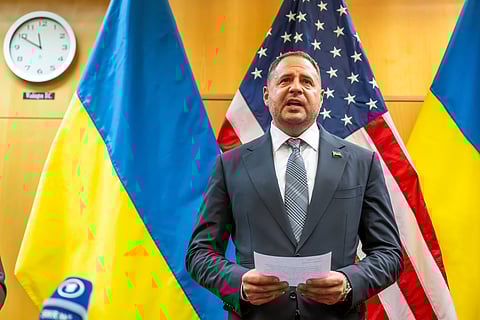 Head of the Office of the President of Ukraine Andriy Yermak talks to the press at the U.S. Mission to International Organizations in Geneva.