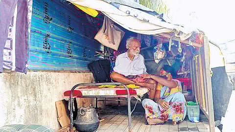 Kandukur Srinivas and Padma in their makeshift hut in Karimnagar