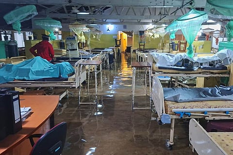 A flooded hospital after heavy rains is seen in Chilaw, north of Colombo, Sri Lanka, Friday, November 28, 2025.