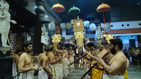 The divine procession of Sree Guruvayurappan on the Golden Thidambu (Koalam) marks the celebration of the Ashtami Vilakku at the Guruvayur Temple.
