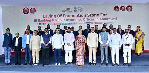 Union Finance Minister Nirmala Sitharaman, CM N Chandrababu Naidu among others at the foundation-laying ceremony for headquarters of 15 banks and insurance companies in Amaravati on Friday.