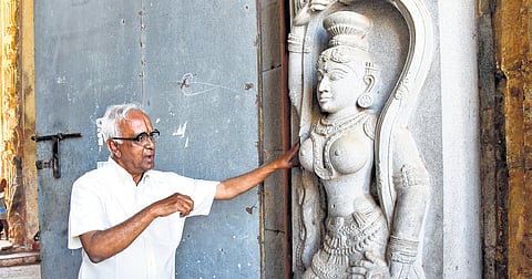 Jayabal explaining the works underway at Pundarikakshan Perumal Temple