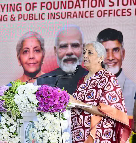 Union finance minister Nirmala Sitharaman during the foundation of 15 banks and public insurance offices in Amaravati on Friday.