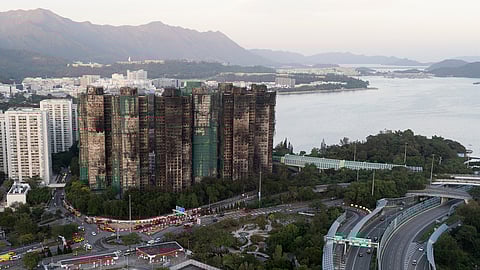 An aerial view of the burnt buildings after a deadly fire that started Wednesday at Wang Fuk Court, a residential estate in the Tai Po district of Hong Kong's New Territories, Friday, Nov. 28, 2025.