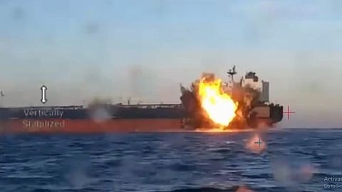 This video grab taken from images released by the Security service of Ukraine (SBU) on November 29, 2025, shows smoke rising from a cargo ship on fire in the Black Sea off the Turkish coast.