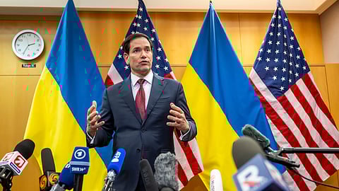 US Secretary of State Marco Rubio talks to the press at the US Mission to International Organisations in Geneva, Switzerland, Sunday, Nov. 23, 2025.