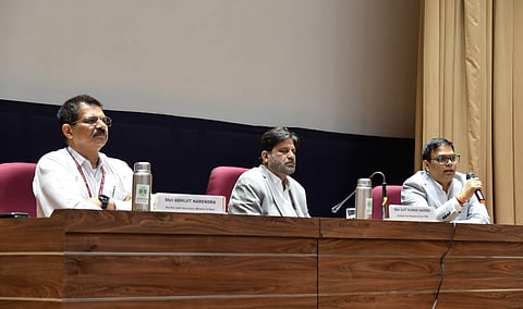 Steel Ministry joint secretaries Abhijit Narendra and Daya Nidhan Pandey and RINL CMD (Additional Charge) Ajit Kumar Saxena addressing the plant employees at the Visakhapatnam Steel Plant on Saturday.