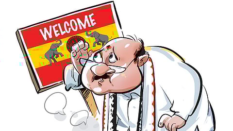 With Sengottaiyan running late, the crowd found unexpected entertainment: senior AIADMK leader Pollachi V Jayaraman emerged from the airport.