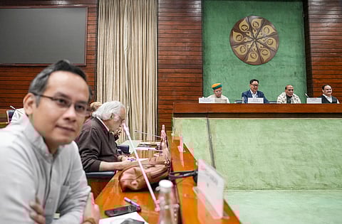 Union Ministers Rajnath Singh, JP Nadda, Kiren Rijiju, Arjun Ram Meghwal, Congress MPs Gaurav Gogoi, Jairam Ramesh and others during the all-party meeting ahead of Parliament's winter session, in New Delhi, Sunday, Nov. 30, 2025.