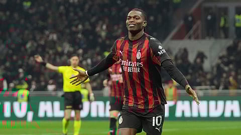 AC Milan's Rafael Leao celebrates after scoring the opening goal during the Serie A soccer match between AC Milan and Lazio, in Milan, Italy, Saturday, Nov. 29, 2025.
