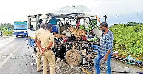 The mangled remains of the van that met with the accident.