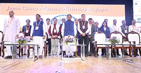 CM Mohan Charana Majhi, MSME minister Gokulananda Mallik and others at the Odisha Industrial Conclave-2025, in Bhubaneswar on Sunday