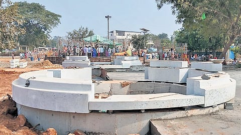 One of the four under-construction altars (gaddelu) that will be inaugurated for the tribal deities, Sammakka and Saralamma, in Medaram village on Thursday