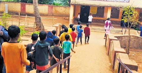 The students being escorted back to Lankaput school on Monday | Express