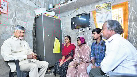 CM Nara Chandrababu Naidu interacts with beneficiaries of ‘NTR Bharosa’ pension at Gopinathapatnam in Unguturu constituency of Eluru district on Monday