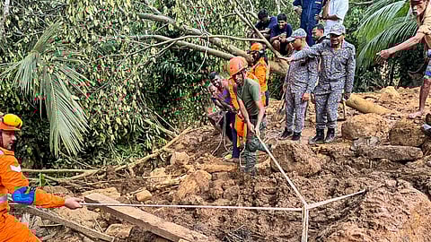 Rescue workers and National Disaster Response Force (NDRF) personnel during Operation Sagar Bandhu, India's rescue initiative in Sri Lanka following cyclone Ditwah, in Badulla, Sri Lanka, Dec. 2, 2025.