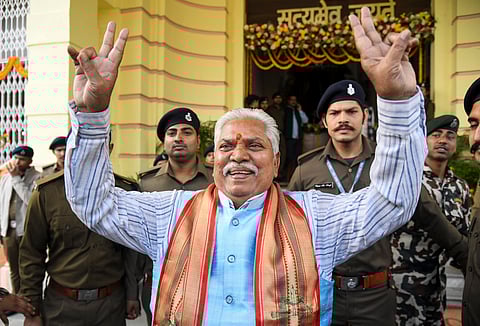 BJP MLA Prem Kumar shows a victory sign after filing his nomination for the Speaker's post, in Patna, Monday, Dec. 01, 2025.