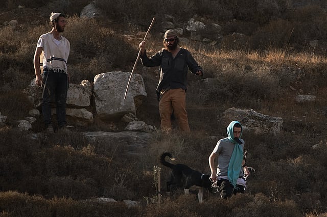 Israeli settlers walk down a hill as Israeli soldiers block access for Palestinians to an area for harvesting olives in the West Bank village of Sa'ir, near Hebron, Thursday, Oct. 23, 2025.