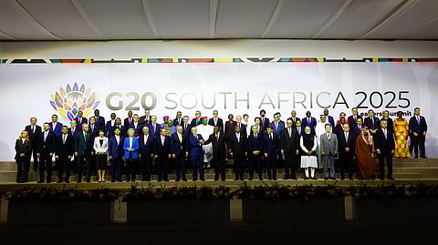 Leaders and delegates pose for a group photo, on the opening day of the G20 Leaders' Summit, in Johannesburg, South Africa, Saturday, Nov. 22, 2025.