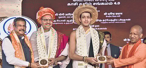 Union Minister Dharmendra Pradhan and UP Chief Minister Yogi Adityanath during the 4th edition of the Kashi Tamil Sangamam in Varanasi on Tuesday | PTI
