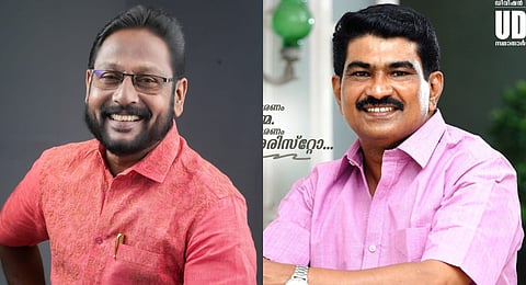 Congress leader M G Aristottil (R), K V Manoj (L).