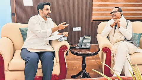 Minister for IT Nara Lokesh in a meeting with Union Agriculture Minister Shivraj Singh Chouhan in New Delhi on Tuesday.