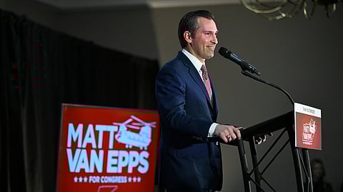 Republican candidate Matt Van Epps speaks to supporters at a watch party after announcing victory in a special election for the U.S. seventh congressional district, Tuesday, Dec. 2, 2025, in Nashville, Tenn.