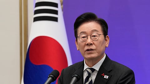 South Korean President Lee Jae Myung speaks during a news conference to mark the first anniversary of the Dec. 3 martial law crisis at the Blue House in Seoul, South Korea, Wednesday, Dec. 3, 2025.