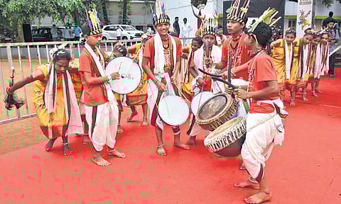 Ekalavya School students from various States participate in the 6th National EMRS Cultural, Literacy Fest and Kala Utsav - Udbhav 2025 at KL University in Vaddeswaram of Guntur district.