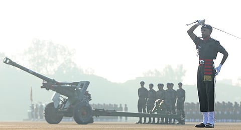 Agniveers take part in the graduation parade at the Artillery Centre in Golconda, Hyderabad on Wednesday.