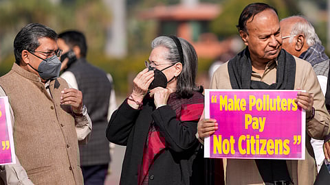 Congress leader Sonia Gandhi and other leaders at a protest during Parliament's winter session in New Delhi, Thursday, Dec. 4, 2025.