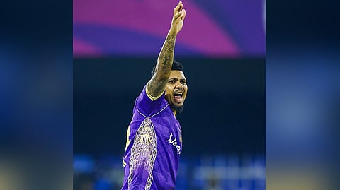 Former West Indies spinner Sunil Narine in action for the Abu Dhabi Knight Riders during the World ILT20 game in Abu Dhabi.