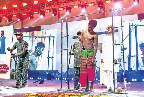 Students participate in the 6th National EMRS Cultural, Literacy Fest and Kala Utsav - Udbhav 2025 at KL University in Vaddeswaram of Guntur district